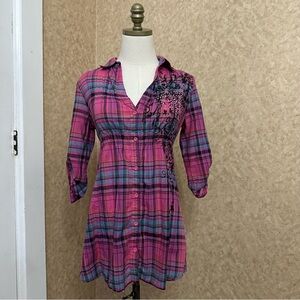 VTG FANG Alt Plaid Pink Button Front Babydoll Top